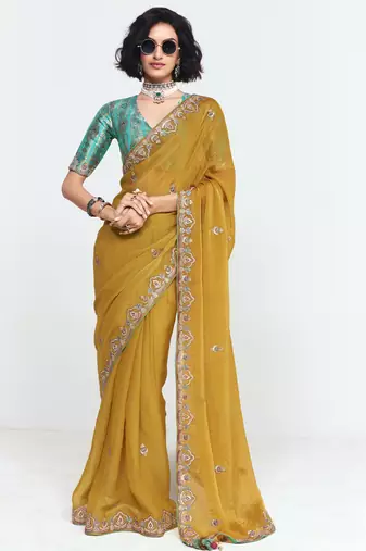Yellow designer fancy embroidered party wear saree with art silk blend blouse