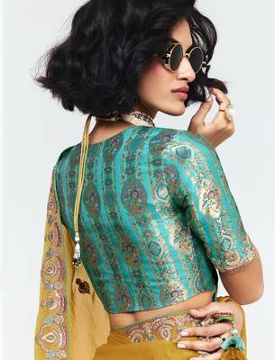 Yellow designer fancy embroidered party wear saree with art silk blend blouse 2