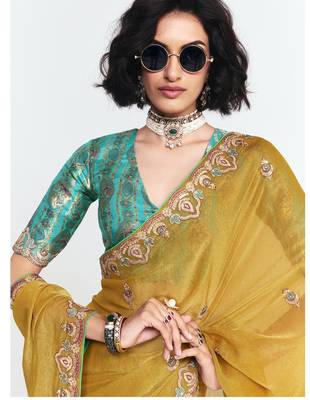 Yellow designer fancy embroidered party wear saree with art silk blend blouse 3