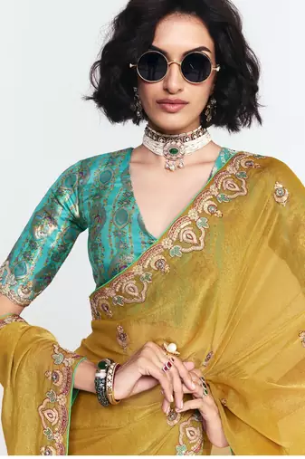 Yellow designer fancy embroidered party wear saree with art silk blend blouse