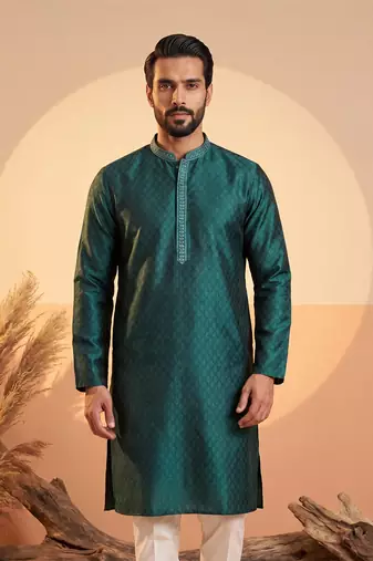 Mens teal silk blend woven design straight kurta