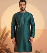 Mens teal silk blend woven design straight kurta