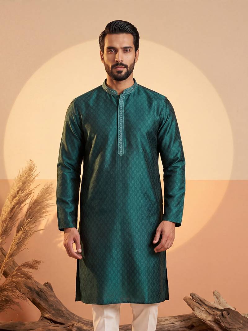 Mens teal silk blend woven design straight kurta