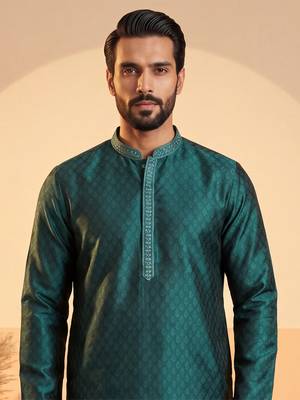 Mens teal silk blend woven design straight kurta 2