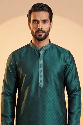 Mens teal silk blend woven design straight kurta