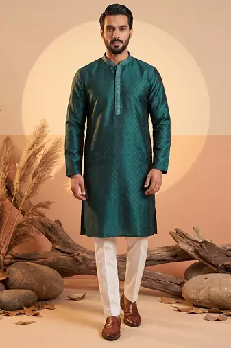Mens teal silk blend woven design straight kurta