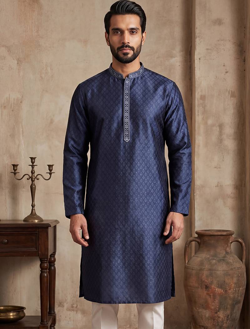 Mens blue jacquard woven design straight kurta