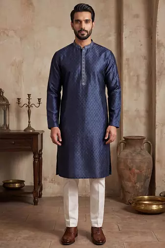 Mens blue jacquard woven design straight kurta
