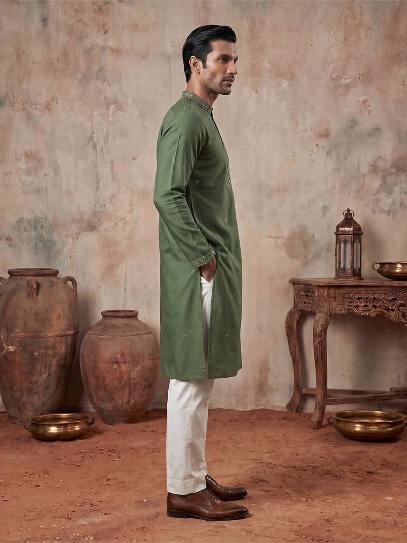 Mens green silk blend solid emboidered sequins kurta