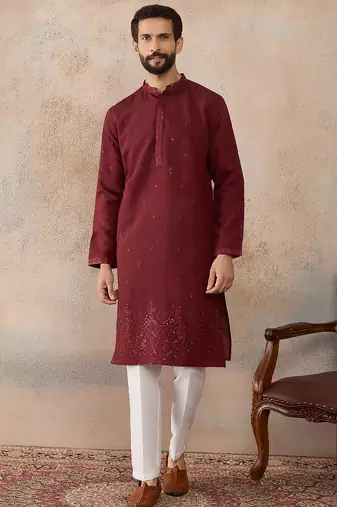 Mens maroon silk blend solid emboidered straight kurta