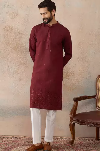 Mens maroon silk blend solid emboidered straight kurta