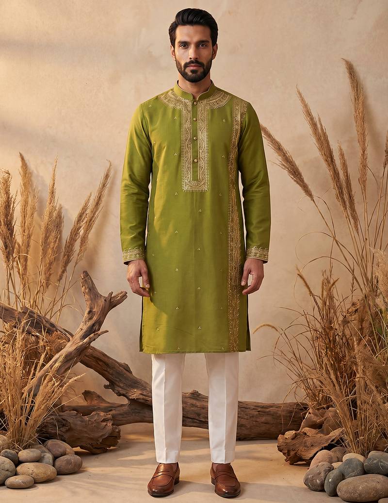 Mens green silk blend solid emboidered straight kurta