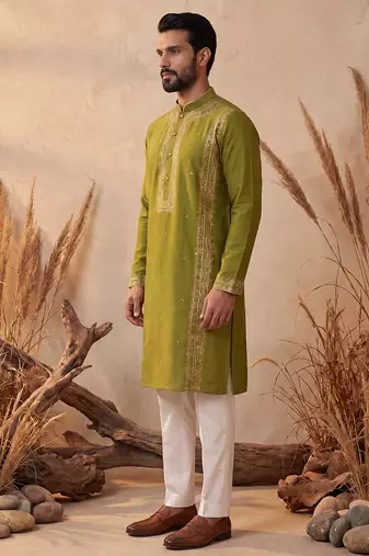 Mens green silk blend solid emboidered straight kurta