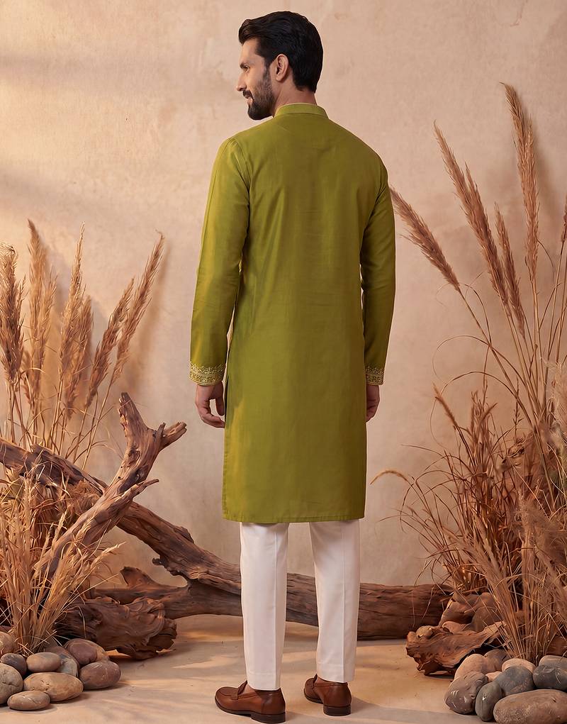 Mens green silk blend solid emboidered straight kurta