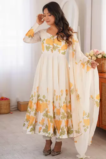 Off white floral printed organza silk anarkali suit set with dupatta & pants
