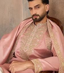 Men pink zari embroidered silk blend kurta with trousers & dupatta