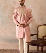 Men pink zari embroidered silk blend kurta with trousers & dupatta