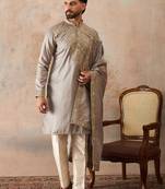 Men grey silk blend embroidered ethnic kurta with trousers & dupatta