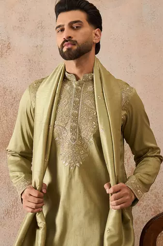 Men green zari embroidered silk blend kurta with trousers & dupatta