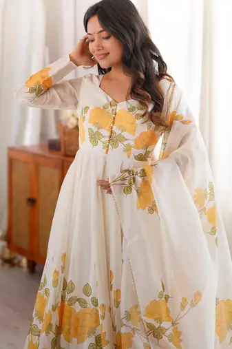 Off white floral printed organza silk anarkali suit set with dupatta & pants