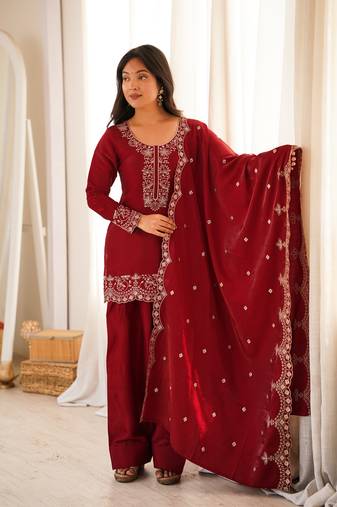 Wine glass roman silk embroidered kurta set with farshi shalwar & dupatta