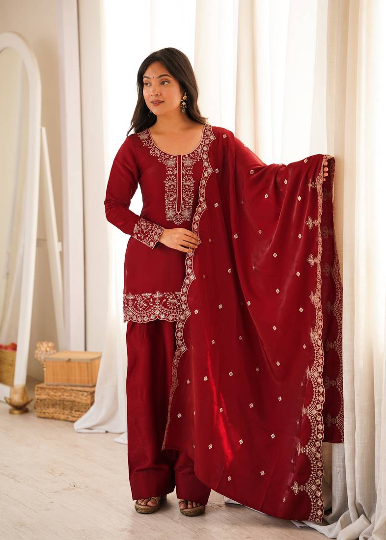 Wine glass roman silk embroidered kurta set with farshi shalwar & dupatta