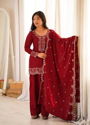 Wine glass roman silk embroidered kurta set with farshi shalwar & dupatta 1