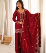 Wine glass roman silk embroidered kurta set with farshi shalwar & dupatta
