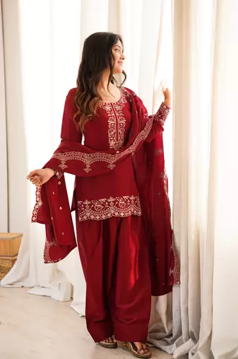 Wine glass roman silk embroidered kurta set with farshi shalwar & dupatta