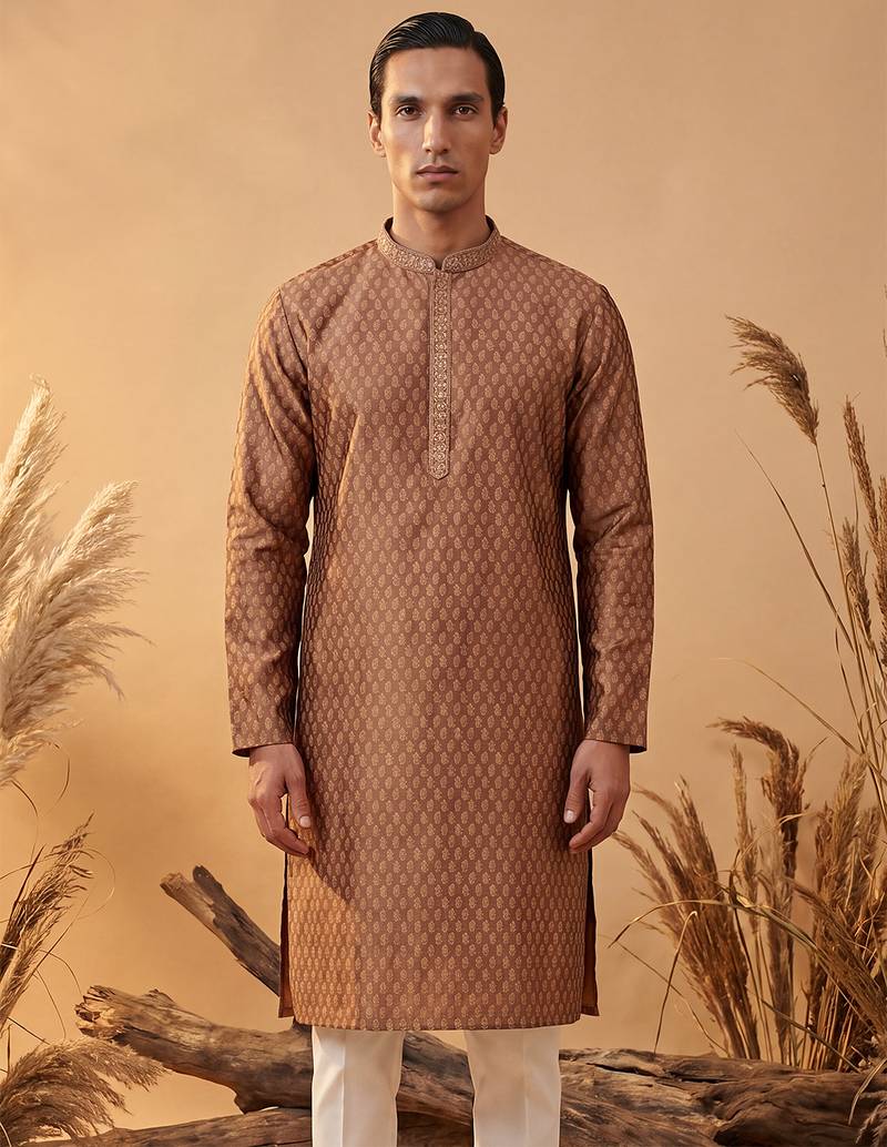Mens brown jacquard woven design straight kurta