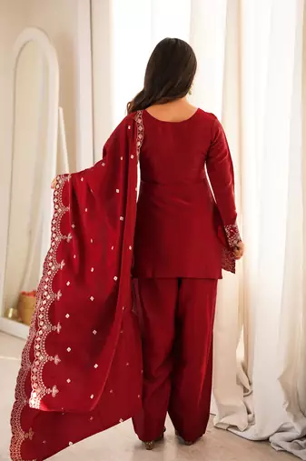 Wine glass roman silk embroidered kurta set with farshi shalwar & dupatta