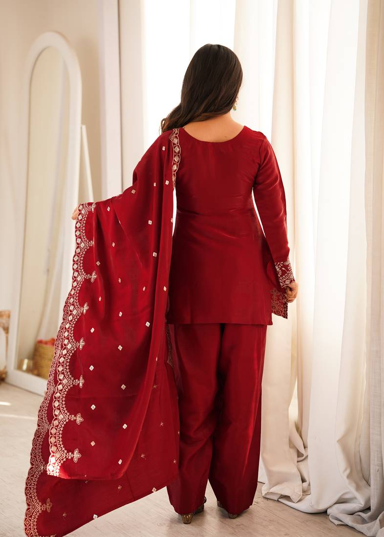 Wine glass roman silk embroidered kurta set with farshi shalwar & dupatta