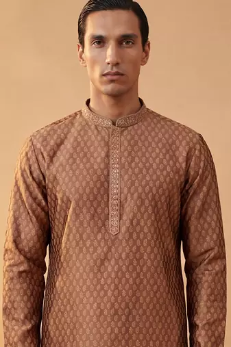 Mens brown jacquard woven design straight kurta