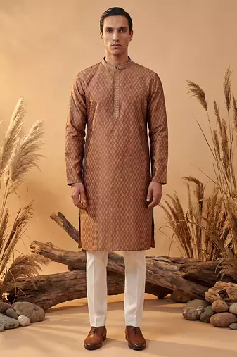 Mens brown jacquard woven design straight kurta