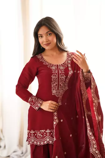 Wine glass roman silk embroidered kurta set with farshi shalwar & dupatta