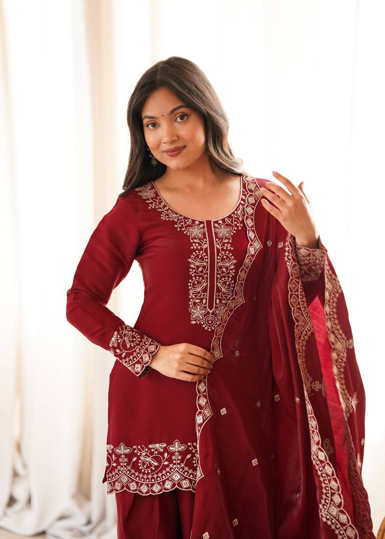 Wine glass roman silk embroidered kurta set with farshi shalwar & dupatta