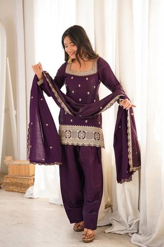 Purple glass roman silk embroidered kurta set with farshi shalwar & dupatta