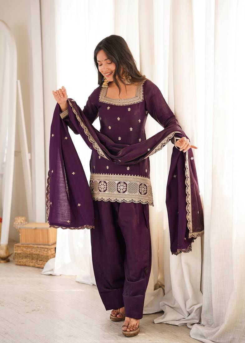 Purple glass roman silk embroidered kurta set with farshi shalwar & dupatta
