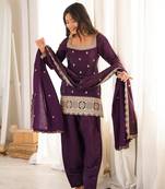 Purple glass roman silk embroidered kurta set with farshi shalwar & dupatta