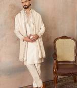 Mens off white silk blend solid embroidered kurta & trouser with dupatta