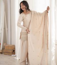 Cream glass roman silk embroidered kurta set with farshi shalwar & dupatta