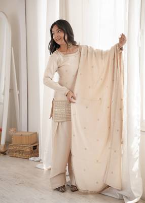 Cream glass roman silk embroidered kurta set with farshi shalwar & dupatta 2