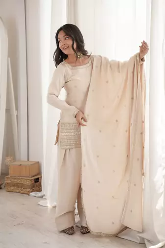 Cream glass roman silk embroidered kurta set with farshi shalwar & dupatta