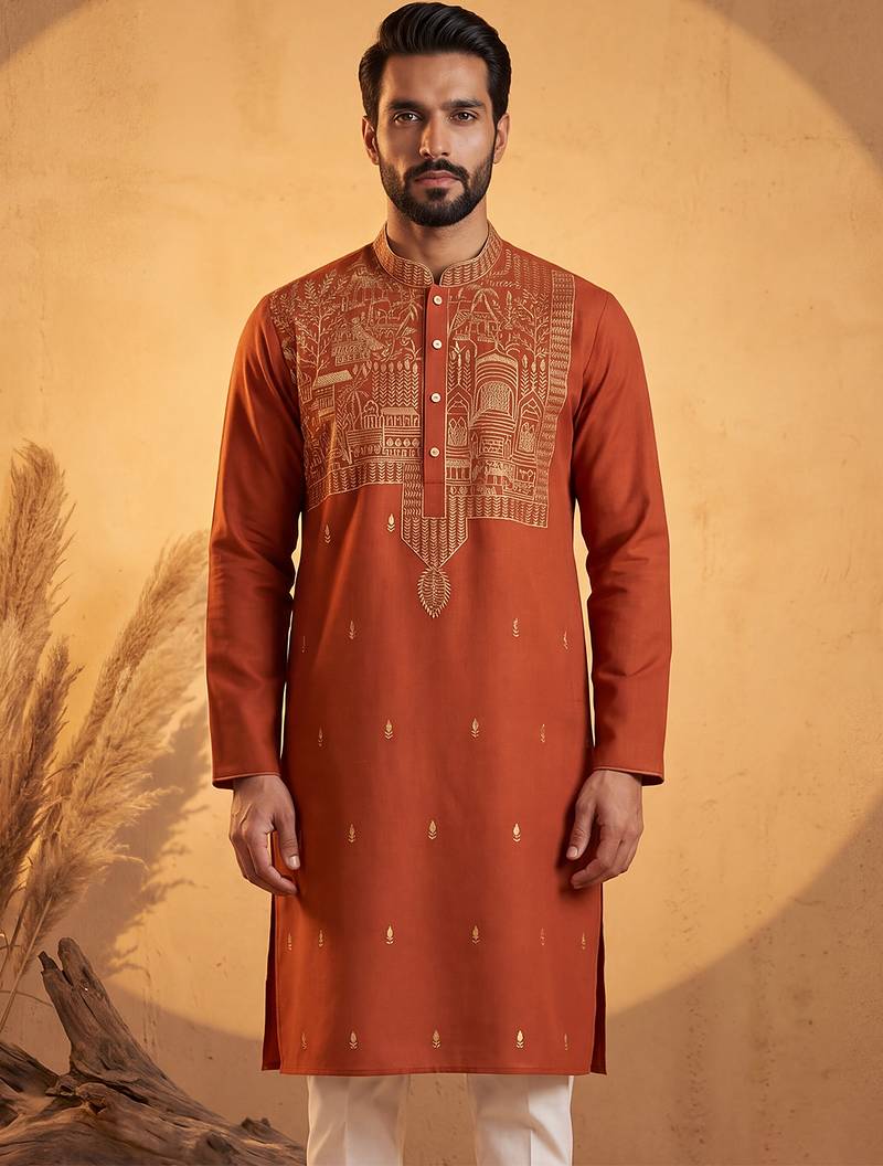 Mens orange silk blend solid emboidered straight kurta