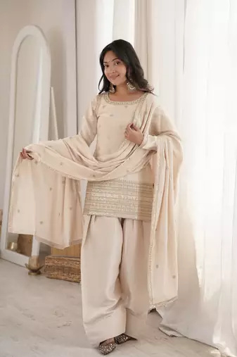Cream glass roman silk embroidered kurta set with farshi shalwar & dupatta