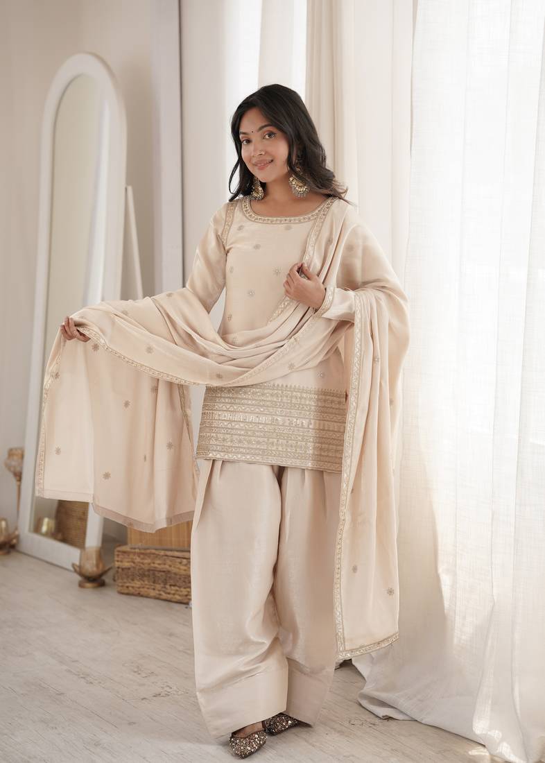 Cream glass roman silk embroidered kurta set with farshi shalwar & dupatta