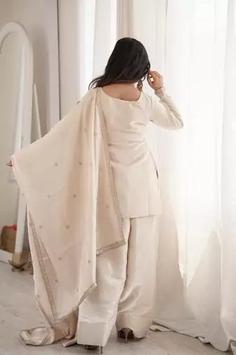 Cream glass roman silk embroidered kurta set with farshi shalwar & dupatta