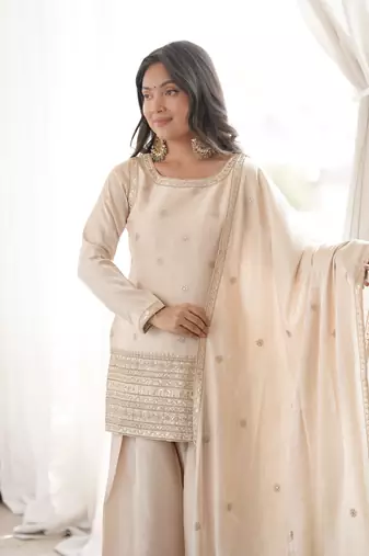 Cream glass roman silk embroidered kurta set with farshi shalwar & dupatta