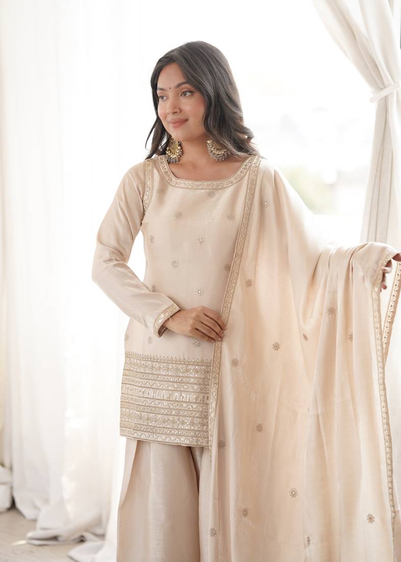 Cream glass roman silk embroidered kurta set with farshi shalwar & dupatta