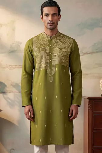Mens green silk blend solid emboidered straight kurta